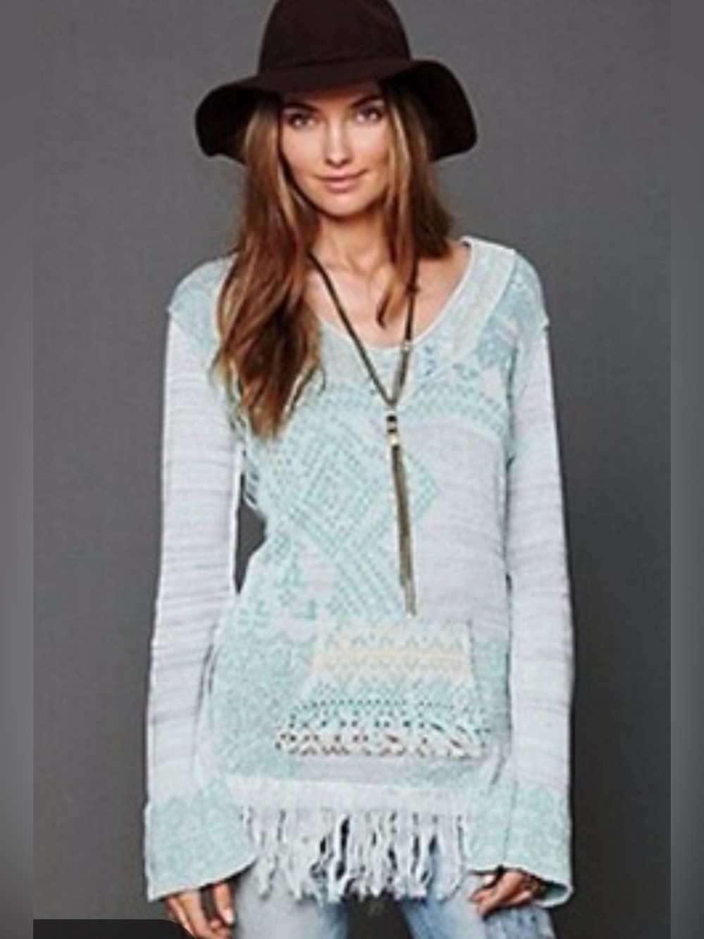 Free People Dream The Story Cloud Blue Tunic Hooded Pull Over Fringe